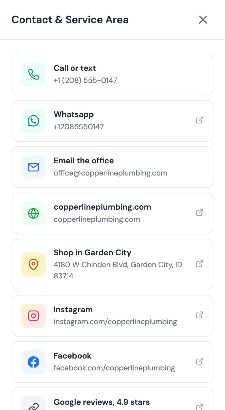 Contact panel for a plumbing business listing phone, WhatsApp, email, website, shop address, social profiles, and Google reviews.