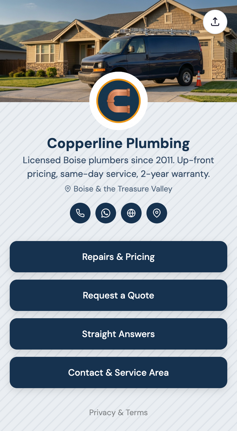 A licensed plumbing company's frontdesk.page with a service-van photo header, navy buttons for pricing and price requests, and one-tap call and map links.