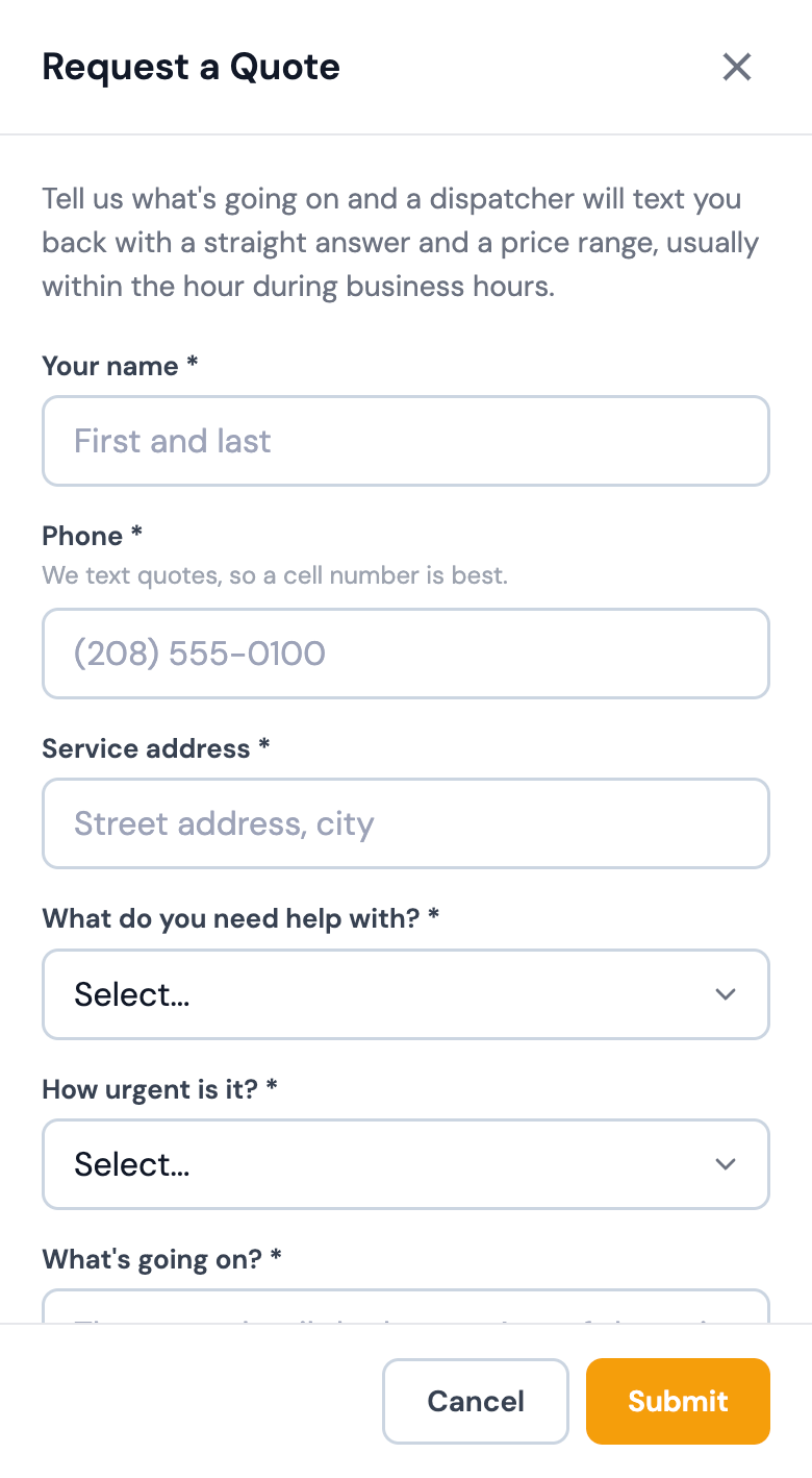 Custom price-request form on a plumbing company's frontdesk.page, collecting name, phone, service address, job type, and urgency.
