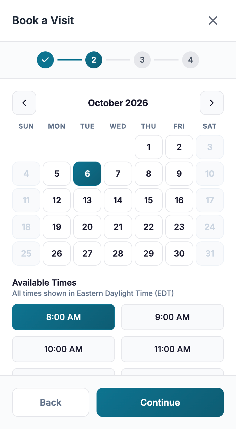 Booking a visit on a frontdesk.page: a calendar with a date chosen and morning appointment times to pick from.