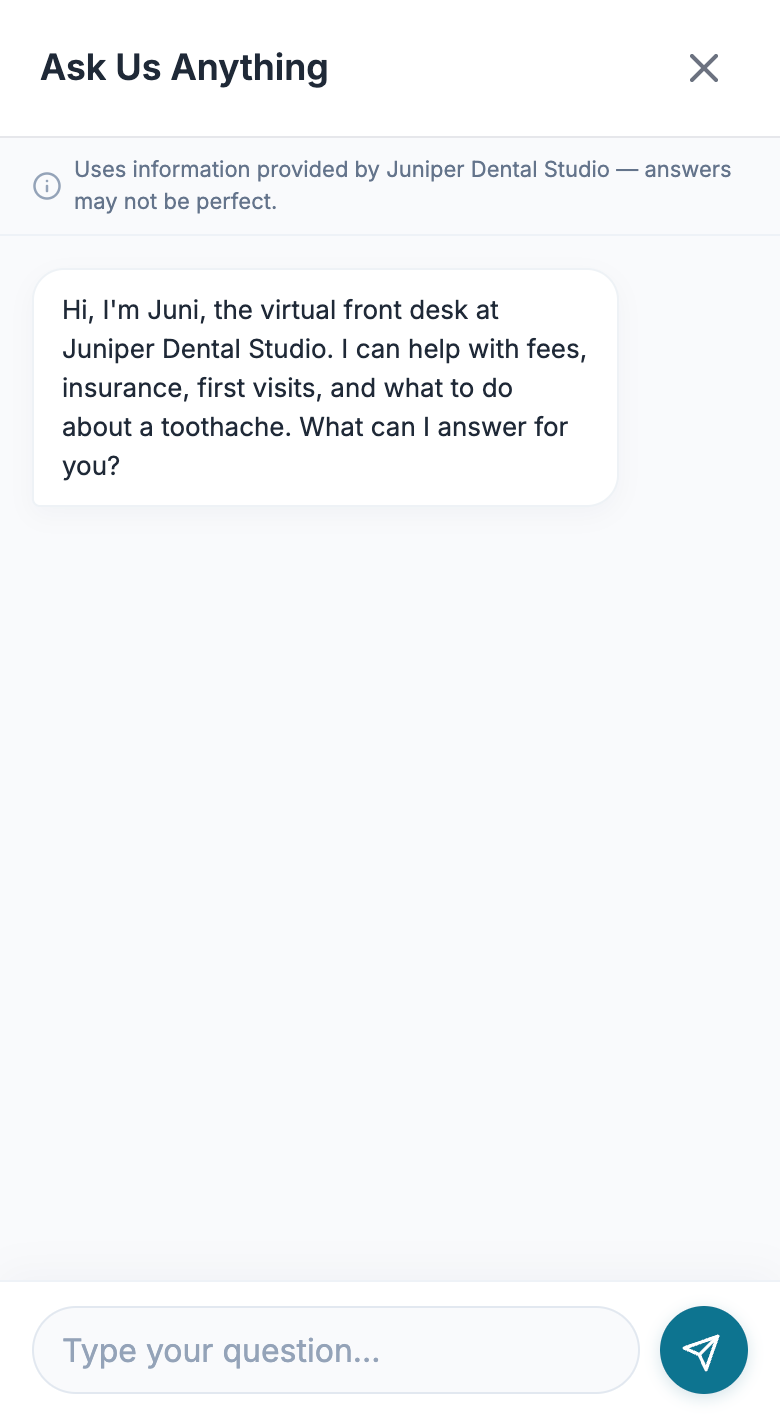 The Ask Us Anything chat on a frontdesk.page, greeting a visitor and offering to answer questions about fees, insurance and first visits.