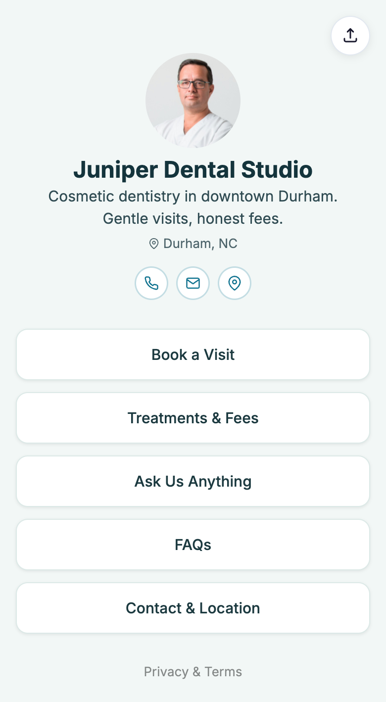 A frontdesk.page for a dental studio: photo, tagline, call and email buttons, and links to book a visit, see treatments and fees, ask a question, and more.