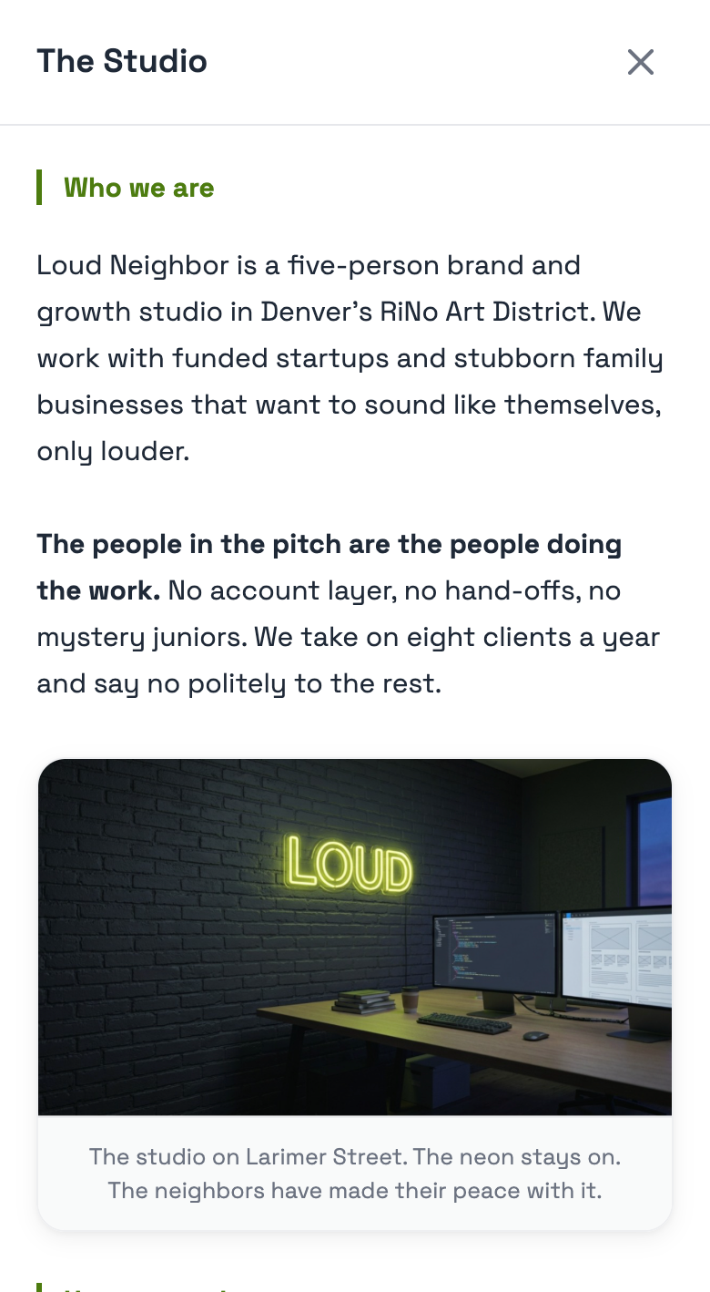 About panel for a five-person Denver brand studio, with a studio photo and a plain-spoken description of how the team works.