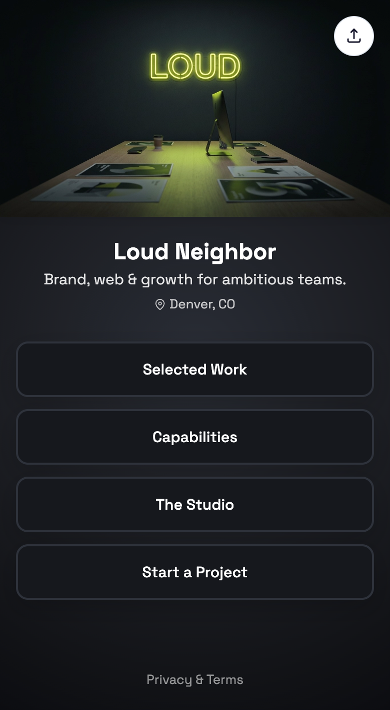 A creative agency's dark-themed frontdesk.page with a neon studio photo and buttons for selected work, capabilities, and starting a project.