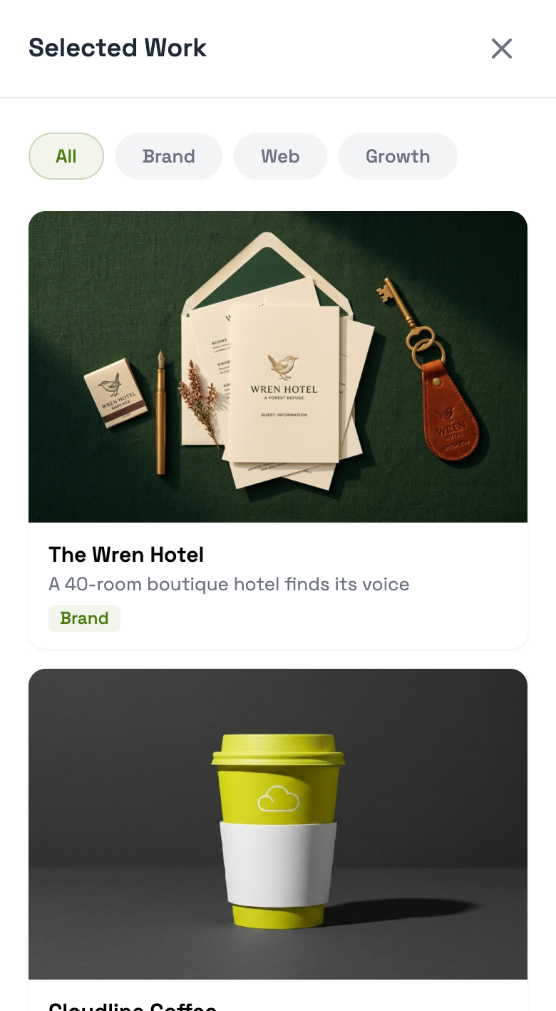 Agency portfolio grid filterable by brand, web, and growth, showing case-study cards with hero imagery and one-line results.