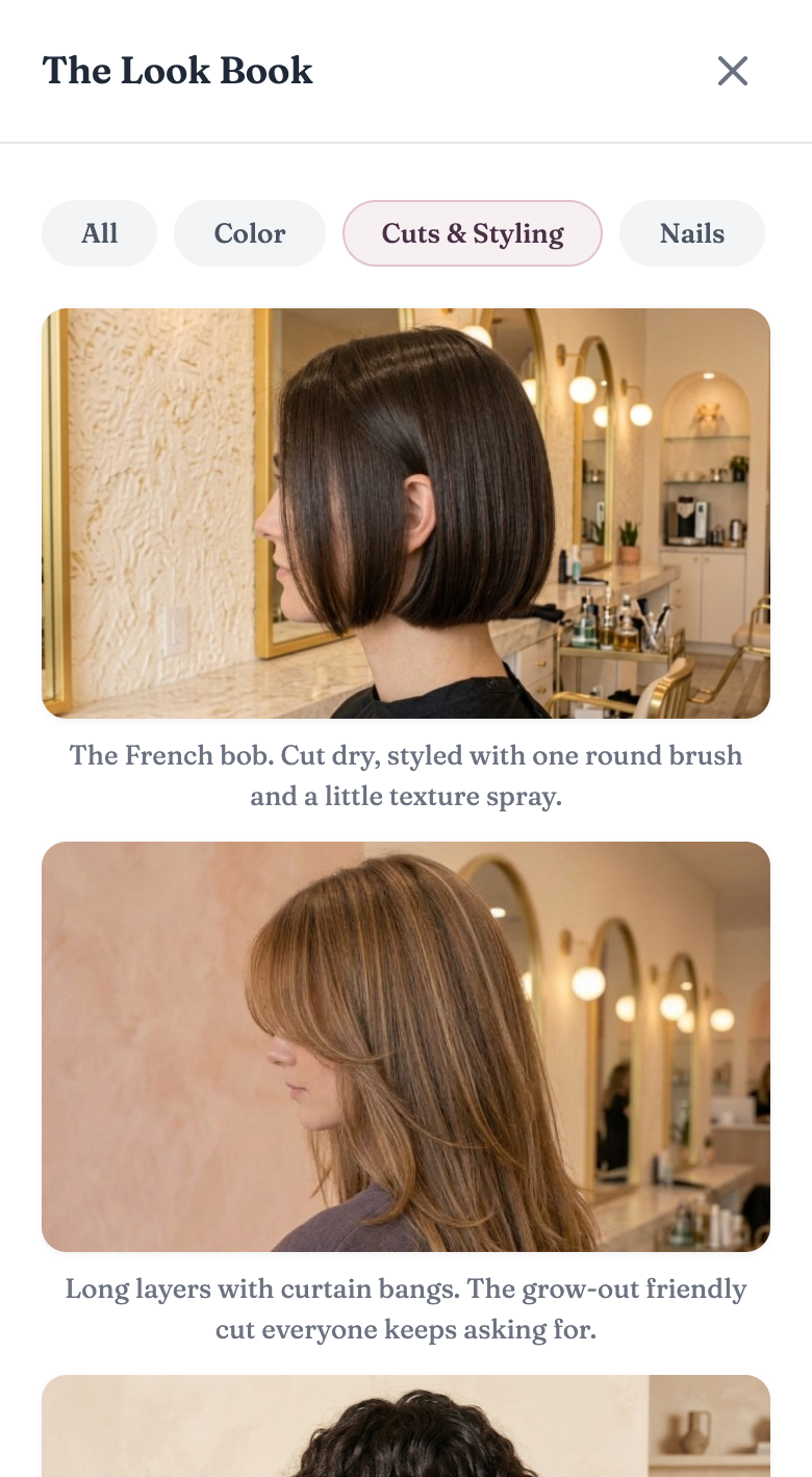 A salon's style gallery with captioned client hair photos, filterable by color, cuts, and nails.