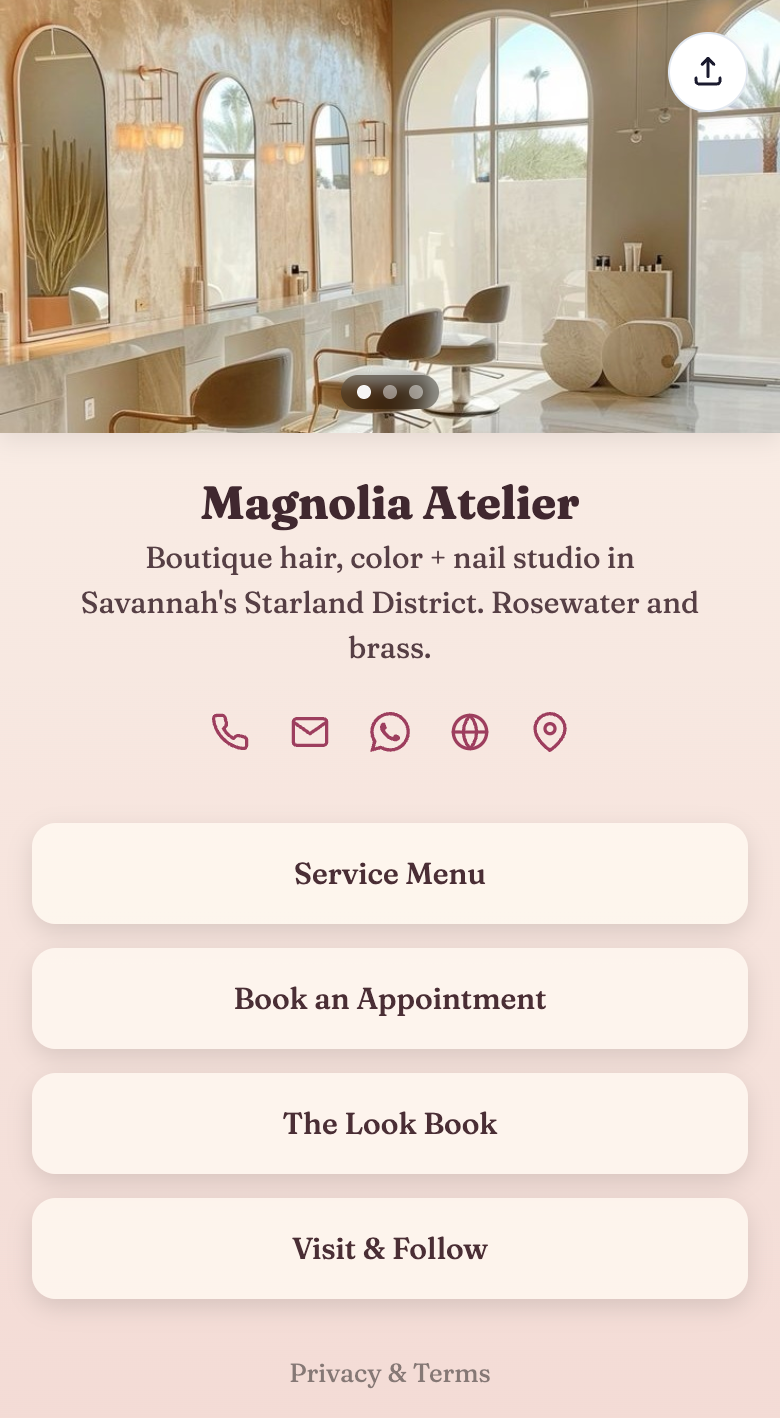 A boutique hair and nail salon's frontdesk.page with a photo carousel of the studio, blush background, and buttons for the service menu and booking.