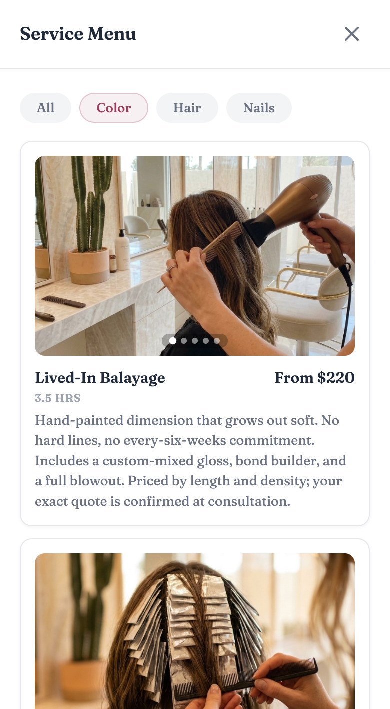 Salon service menu with filterable categories, showing a balayage service with photos, duration, and starting price.