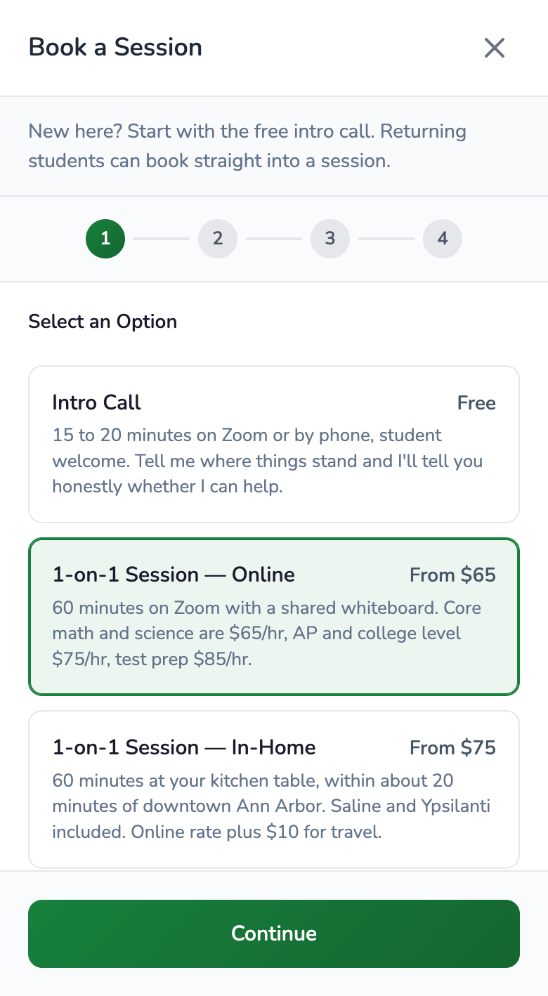 Tutoring booking flow showing selectable session options -- free intro call, online, and in-home -- with hourly pricing.