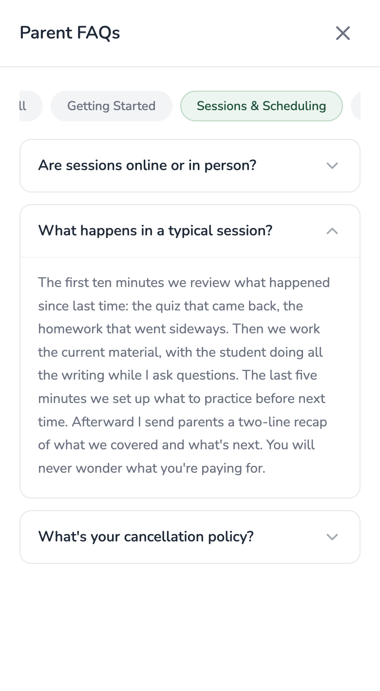 Parent FAQ accordion on a tutor's page, with one question expanded to explain what happens in a typical session.