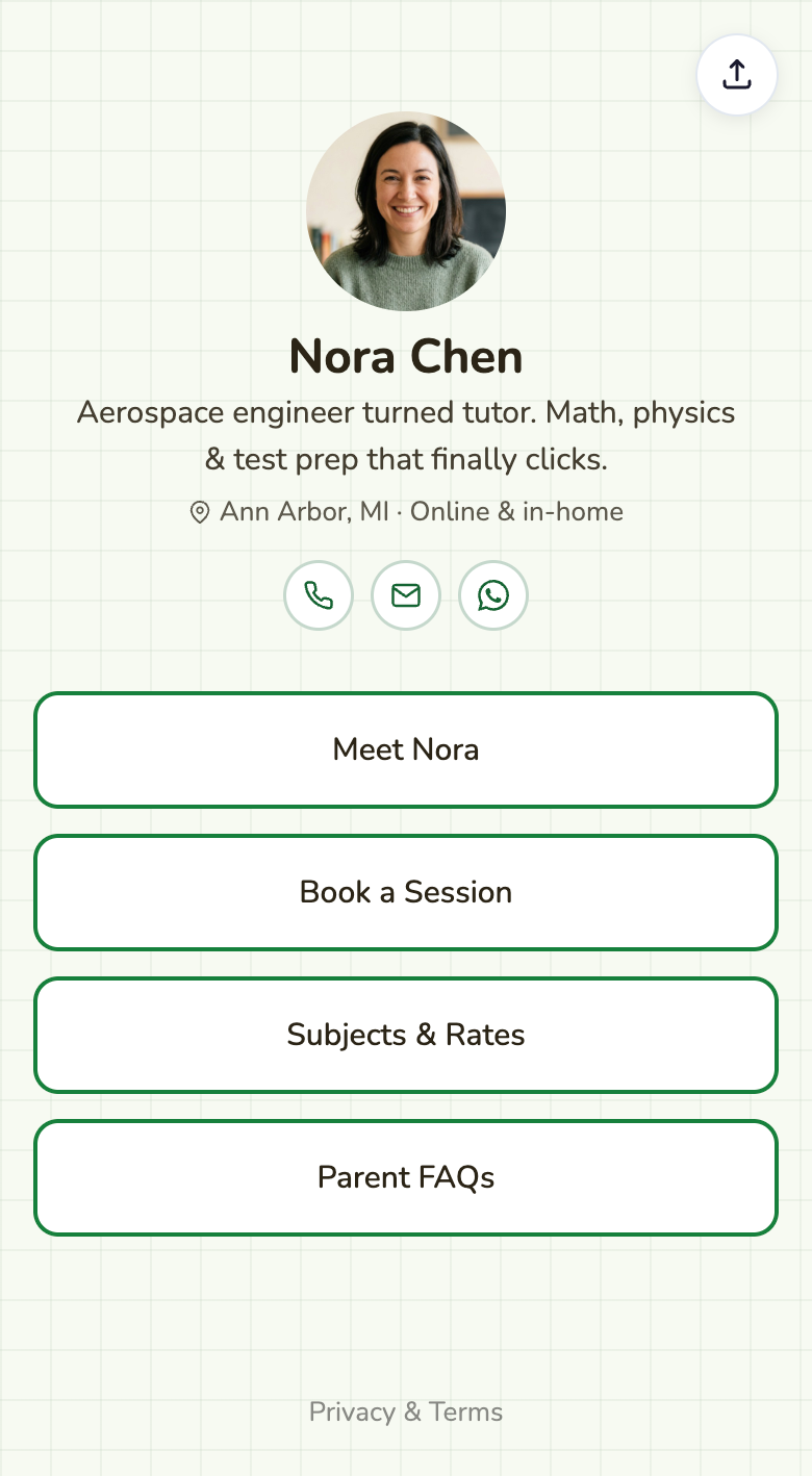 An independent tutor's frontdesk.page on a green graph-paper background, with a headshot and buttons to book a session or view rates.
