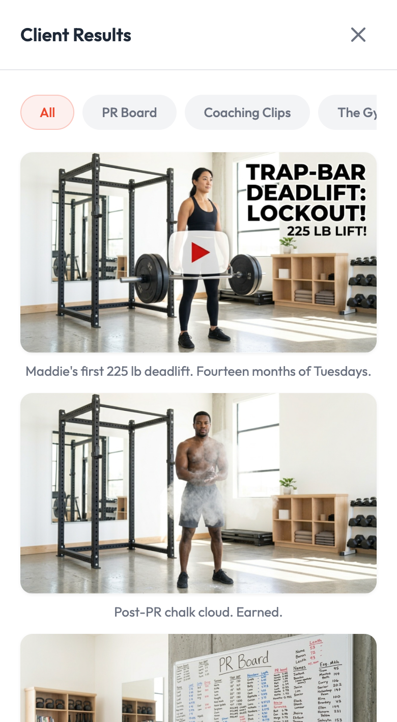 Client results gallery for a gym, mixing captioned progress photos with a video clip of a member's 225 lb deadlift personal record.