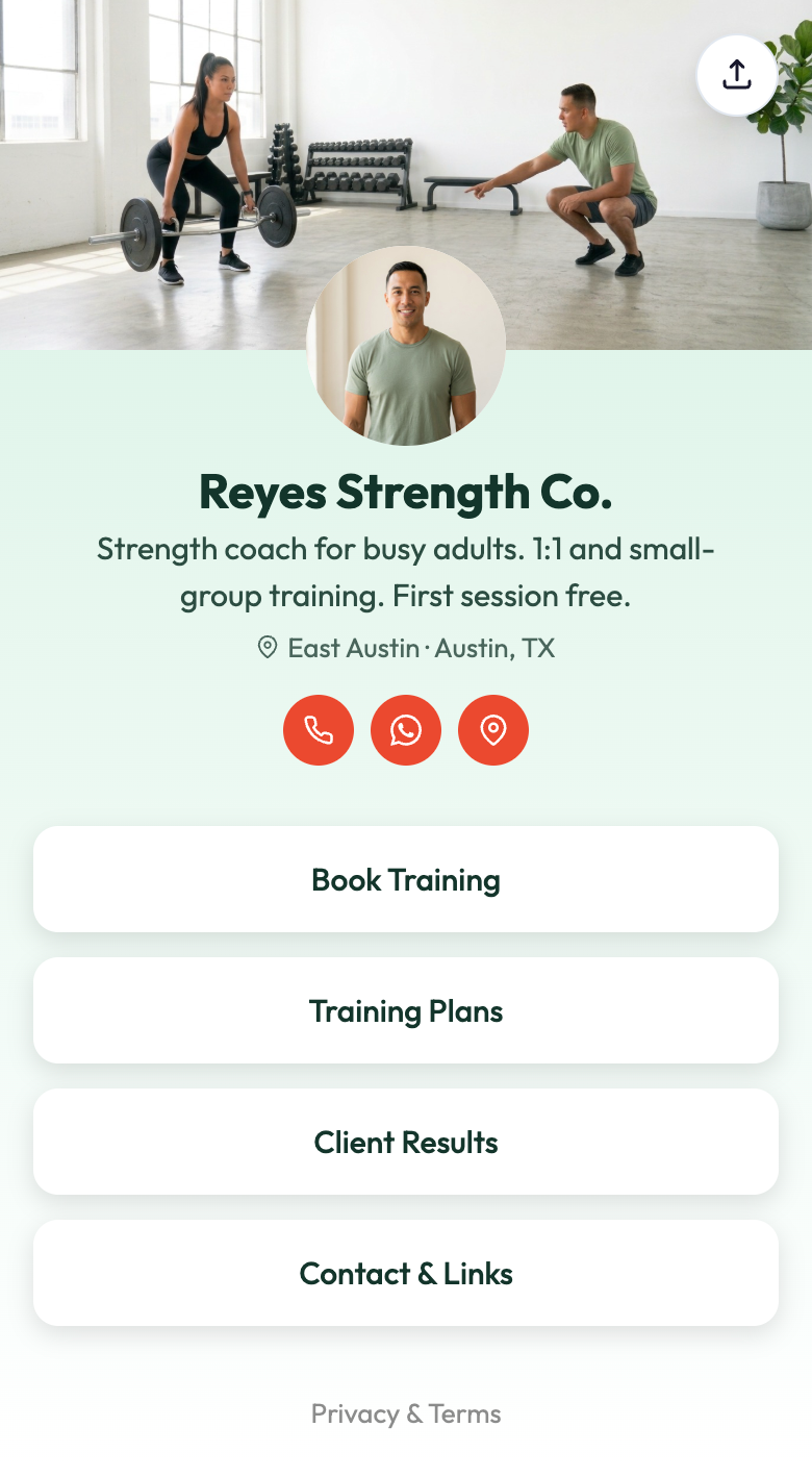 A strength coach's frontdesk.page with a gym banner photo, trainer headshot, and buttons to book training, view plans, and see client results.