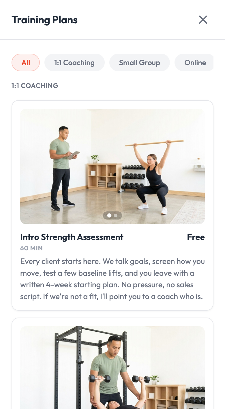 Personal training plans filterable by one-on-one, small group, and online, with a free intro strength assessment shown first.