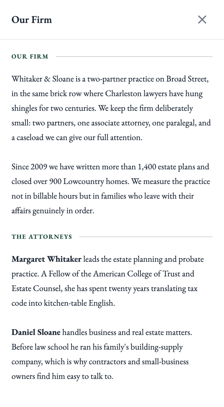 About panel for a two-partner estate planning firm, describing the practice and introducing both attorneys.