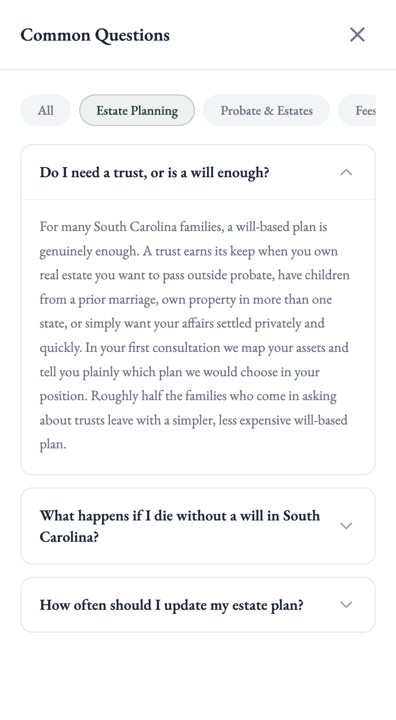 Legal FAQ accordion on a law firm's page, with an expanded answer explaining when a family needs a trust versus a will.