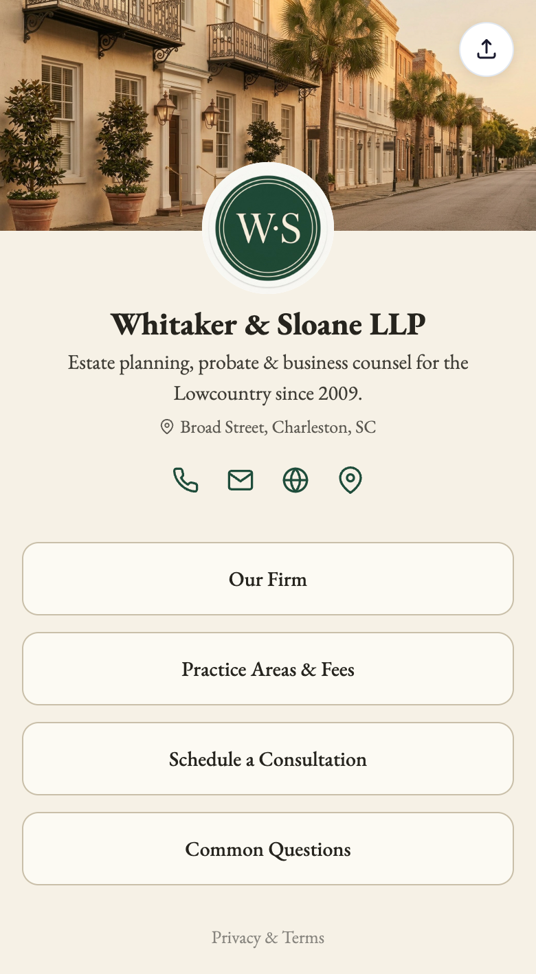 A Charleston law firm's frontdesk.page with a historic streetscape banner, monogram crest, and buttons for practice areas and scheduling a consultation.